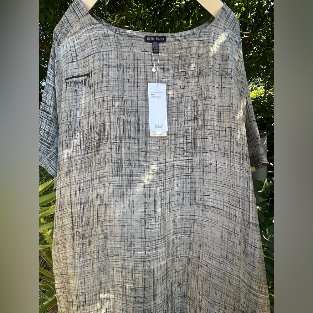 Artisanal  Eileen Fisher Black and Gray Handpainted
 Crosshatch Silk Dress